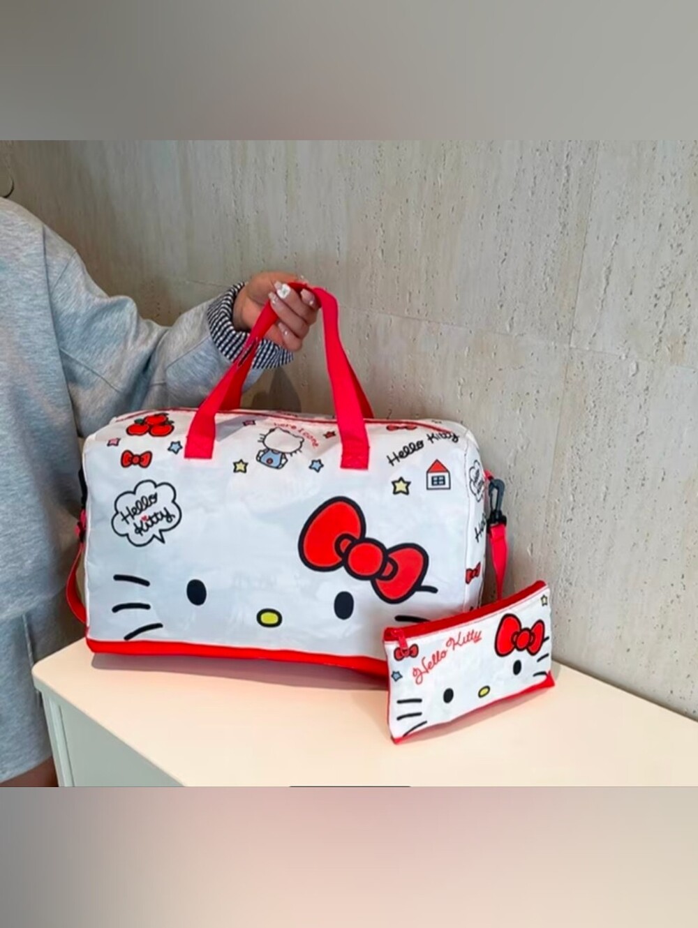 Sanrio Hello Kitty White and Red Travel Bag with Matching Pouch